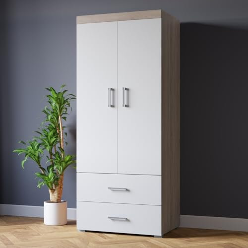 DRP Trading White & Sonoma Oak Wardrobe, Clothing Closet, Bedroom Organising, Wardrobe with Drawers, Shelves, Hanging Rails, Ideal for Bedroom or Dressing Room…