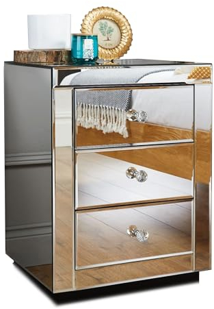 Furniturebox UK Mirror Bedside Table - Italian Mirrored Bedside Table With 3 Drawers, Modern Side Cabinet For Bedroom With Cut Glass Drawer Knobs