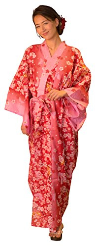 Kimura Jitsugyo Damen-Bademantel Kyoto, traditionell, leicht zu tragen, Kawaii-Yukata-Bademantel (japanischer lässiger Kimono), Set 2, Rosa (Cherry Blossoms), Medium-Large