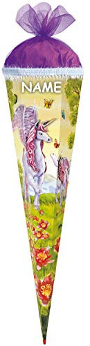 Schultüte - Einhorn - Pegasus/Pferd Unicorn - 70 cm - rund - incl. Name - Filzabschluß - Zuckertüte - mit Holzspitze - Roth - Mädchen - Pferde Blumen Sc..