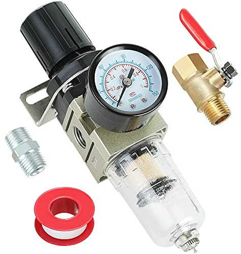 Hromee 1/4 Inch Air Compressor Filter Regulator Combo, Water Oil Separator with Pressure Gauge, Manual Drain, Ball Valve and Bracket AW2000-02