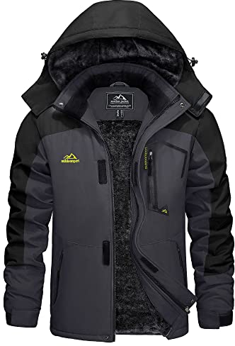 KEFITEVD Vestes Polaires d'hiver pour Hommes Manteaux de pluie multi-poches pour la pêche en Randonnée avec capuche amovible, Gris et noir, XL