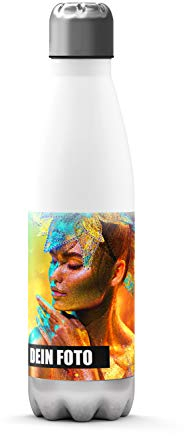 Sunnywall Premium Edelstahl-Thermosflasche mit Foto + Text kalt & heiß Thermoskanne Isolierflasche Trinkflasche WasserflascheCampingflasche Isolier-Trinkflasche Auslaufsicher (500ml, Weiss/Silber)