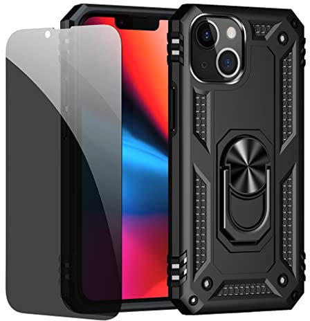 JOYTAG Compatible with Iphone 13 Mini case Black cover with Privacy Screen Protector Anti-Spy Tempered Glass Film ring magnetic Holder Shockproof Tough Armour Silicone 360 degree phone cover