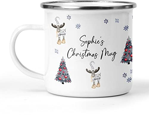 Personalised Christmas Mug, Custom Festive Design with Name, Hot Chocolate Enamel Mug, Christmas Eve Box Fillers, Gifts for Kids