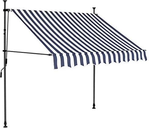 Einziehbare Markise Handbetrieben mit LED 150 cm Blau und Weiß Polyester PU-Beschichtung Stahlrahmen für Terrasse Balkon Garten