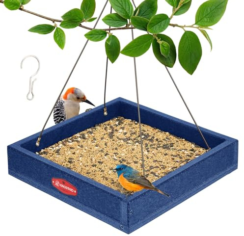 Kingsyard Platform Mealworm Bird Feeder for Outside, Recycled Plastic Hanging Tray Bird Feeders with Large Capacity 3.5 lbs, Premium Quality & Durable, Great for Attracting Wild Birds, Blue