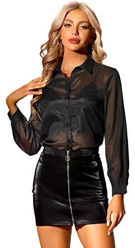Allegra K Sheer Button Up Shirts for Women's See Through Mesh Long Sleeve Shirt Tops Black 20