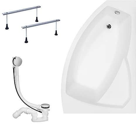 KOLMAN Badewanne RIMA Eckbadewanne 130x85 Rechts ohne Verkleidung, Ablaufgarnitur und Füßen Komplettset 3in1 Premium Original Acryl Wanne Siphon