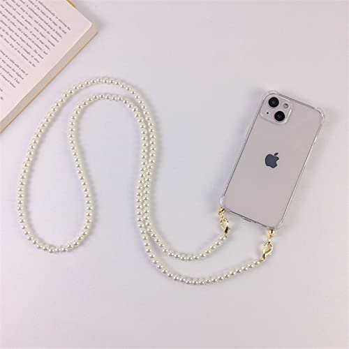 Luxury Crossbody Lanyard Necklace Pearl Chain Phone case for iPhone 11 12 13 14 Pro Max Transparent Soft Cover with Strap,A,For iPhone 13