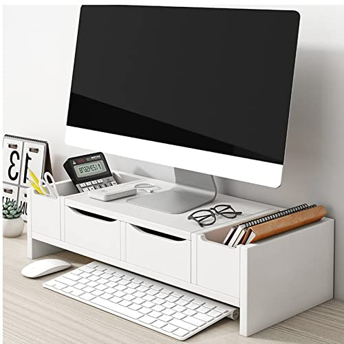ZYFAB Holz Monitorständer platzsparend Bildschirmständer mit Schublade 2 Ebenen Notebookständer Monitorerhöhung für Computer Flachbildschirm TV,Weiß,Cabinet Door