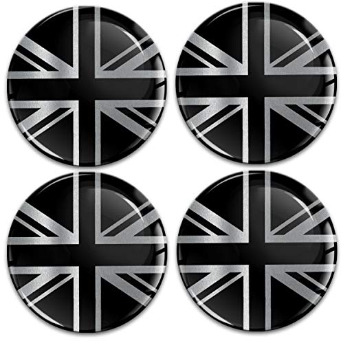 Biomar Labs® 4 x 50mm Aufkleber 3D Silikon UK GB United Kingdom Union Jack Flagge Fahne Silber Schwarz Für Radkappen Nabenkappen Radnabendeckel Rad-Aufkleber Nabendeckel A 10850