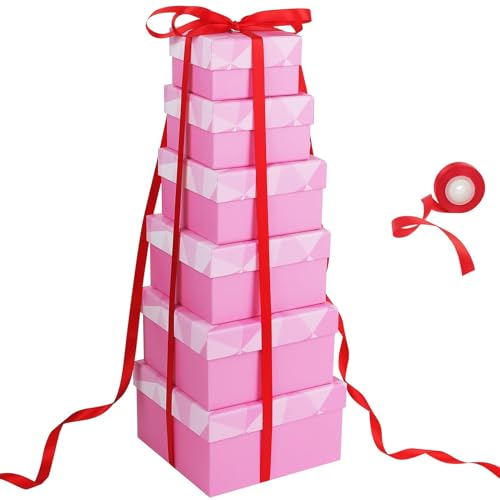 CHARMGIFTBOX 6 Stück Geschenkboxen Rosa, Ineinander Verschachtelbare Geschenkbox mit Deckel, Quadratische Geschenkbox für Geschenke, Stapelbare Boxen für Geburtstag, Hochzeit, Weihnachten