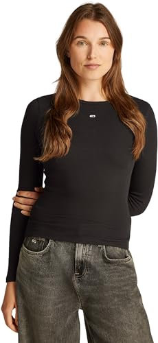 Tommy Jeans Donna Maglietta Maniche Lunghe Slim Fit Essential in Cotone, Nero (Black), XXS