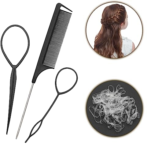 Hair Braiding Tool Rat Tail Comb French Braid Accessories Pony Metal Pin - Parting looping Elastic ties Girls Gift Set By HY DOT, Black Braiding Tools