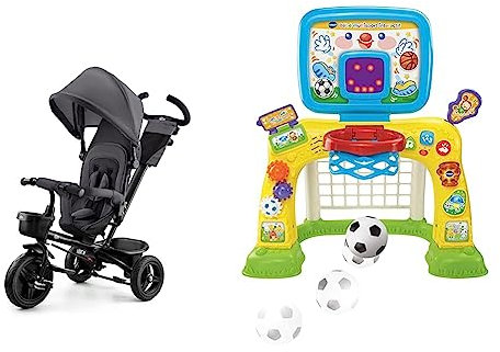 Kinderkraft Aveo Tricycle Bébé Évolutif, Draisienne Évolutif, Trike Bebe, Velo Poussette Bebe Évolutif, Velo Enfant 5 Ans, De 9 Mois, Gris & VTech Autres Jouets Bebe Decouvre, Jaune, 80 x 130