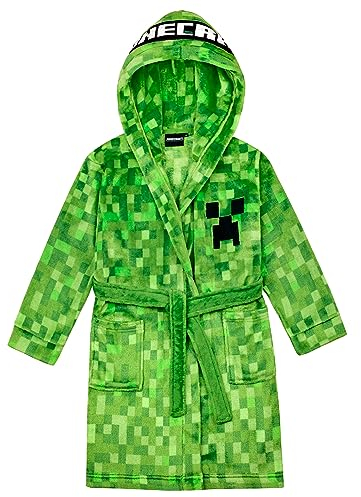 Minecraft Bademantel Kinder Jungen Fleece Morgenmantel mit Kapuze Creeper Design (DE/NL/SE/PL, Numerisch, 116, Regular, Grün)