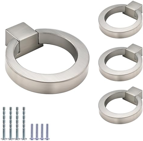 IAFVKAI 4 Pack Cabinet Knobs Zinc Alloy Drawer Pull Ring Brushed Nickel Round Cabinet Kitchen Handle Silver Door Drawer Knob for Kitchen