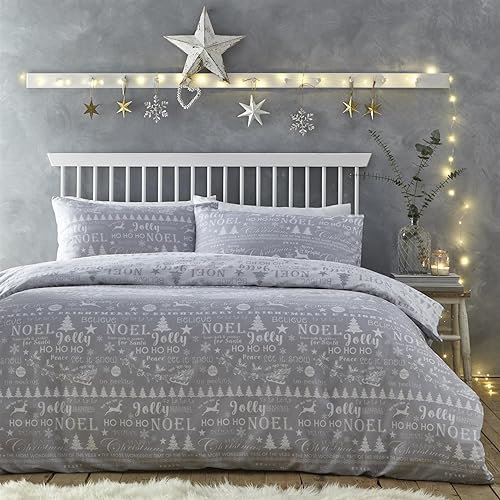 Charlotte Thomas Jolly Christmas Duvet Cover Set Silver Xmas Bedding Set Double, Grey