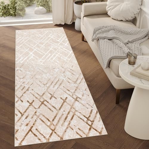 TAPISO Crystal Läufer Teppich Glänzend Gold Beige Creme Linien Figuren Zigzag Wohnzimmer Schlafzimmer Flur Korridor Modern Design ÖKO-TEX 70 x 100 cm