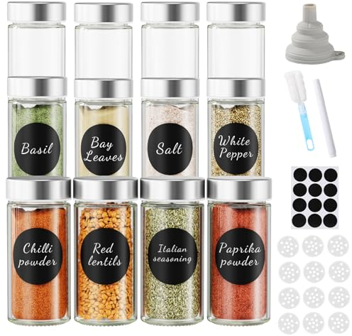 Moreau Gewürzgläser,Spice Jars Rund, Luftdicht Gewürzglas Edelstahl 12 Stück,Gewürz Organizer mit Edelstahldeckeln, Gewürzgläser Set mit Trichter, Reinigungsbürste, Stift (100ML-rund-12set)