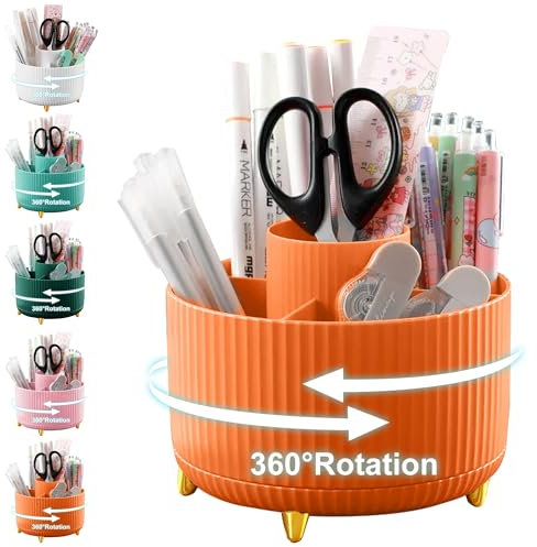 Cayxenful Drehbar Schreibtisch Organizer, 360° Rotierende Große Kapazitätstifte Schreibtisch Stiftehalter mit 5 Fächern, Aesthetic Schreibwaren Stifte Organizer für Büro, Schule, Zuhause (Orange)