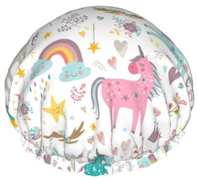 Gorro de ducha impermeable con estampado rosa de unicornios, gorro de ducha impermeable de doble capa, gorro de ducha reutilizable