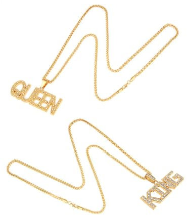 CYNOSURETECH 2 Pieces of Hip-Hop Necklace, Men's Gold Necklace, Men's Chain, Big Gold Chain, Rapper Necklace, King Pendant Chain, Queen Pendant Chain, Very Suitable for Carnival, Theme Party