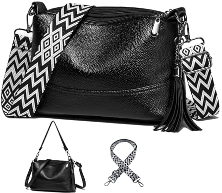 KUNKUN Sac à Main Femme Bandoulière Petit Sac Bandouliere Femme Noir Cuir Sac A Main Femmes Bandoulieres avec 3 Bretelles Interchangeables et 3 Grands Compartiments