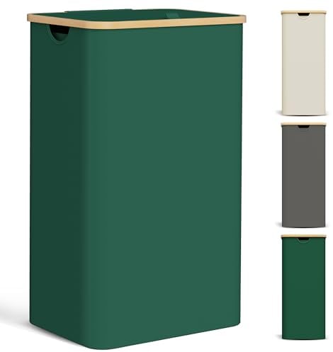 YOUDENOVA Laundry Basket with Lid 85-Litre Large Washing Baskets for Laundry with Laundry Bag Collapsible Laundry Baskets with Handles Laundry Hamper Bamboo Laundry Bin for Bedroom, Bathroom, Green
