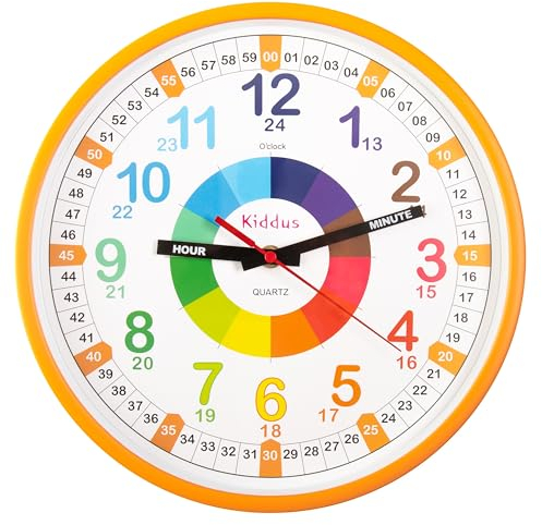 Kiddus Kinder Wanduhr, Jungen und Mädchen, Analoger Lernuhr mit Zeitlernübungen, Kinderwanduhr Ohne Ticken, Kinderzimmer Lautlose, Schule, Uhrzeiger Deutsch