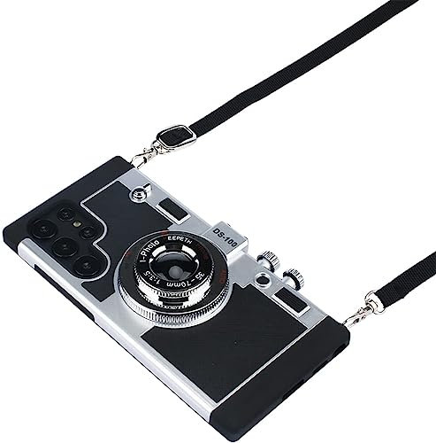 SGVAHY Emily in Paris Phone Case for Samsung Galaxy S23 Ultra Case Vintage Camera Design Soft Silicone iPhone Case with Lanyard Removable Shockproof Protective Case Cover for Girls Women, Black&Silver