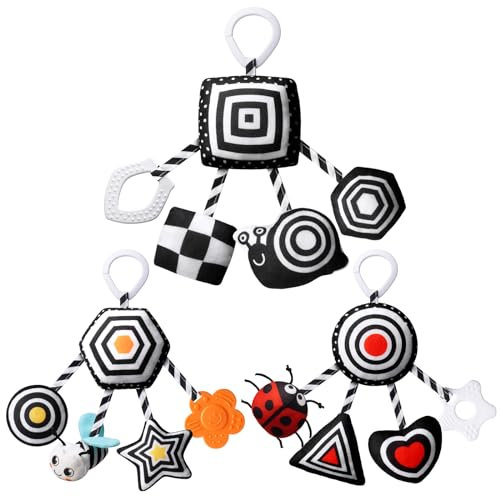 Aolso Kinderwagen Spielzeug, 3Pcs hängendes Rasselspielzeug, schwarz-weißes Spielzeug, Baby-Hängespielzeug, Neugeborenes Autositz-Spielzeug für Jungen und Mädchen (Schnecke/Käfer/Biene)