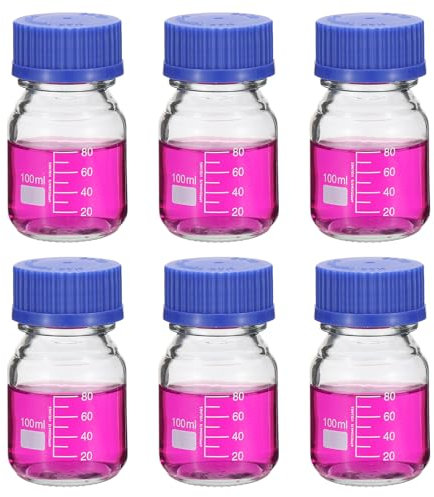 PATIKIL 6 Pack Reagent Media Storage Bottles, 100ml Borosilicate Glass Graduated Round Bottles with GL32 Blue Screw Cap for Lab Water Reagent Liquids, Clear