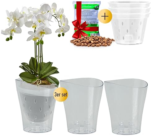 Garten lux 3er-Set Orchideentöpfe Transparent Ø16cm 2L mit 3er-Set Orchideentöpfe mit Drainagelöchen Ø14cm 1L aus Kunststoff und Tongranulat 2,5L für den Innenbereich