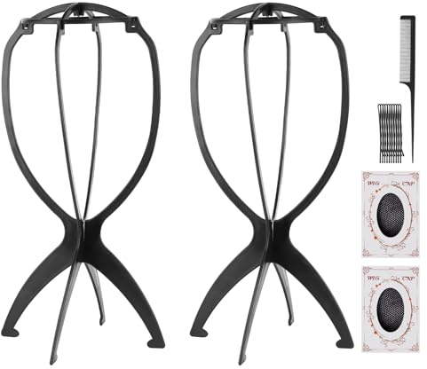MXTIMWAN 2 Stück Perückenständer Set,Perückenhalter,perückenkopf,Perücke-Standplatz,Kunststoffperücken Schwarz Halter,wig stand Mit 2 Perückennetzen, Kamm, Clips,Abnehmbar und faltbar