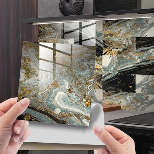 Fliesenaufkleber Vintage Grün Gold Klebefliesen Wasserfest Fliesenaufkleber Bad Fliesenaufkleber Küche Möbel Deko Küchenrückwand Selbstklebend Mosaikfliesen 30x30cm(10 Stück)