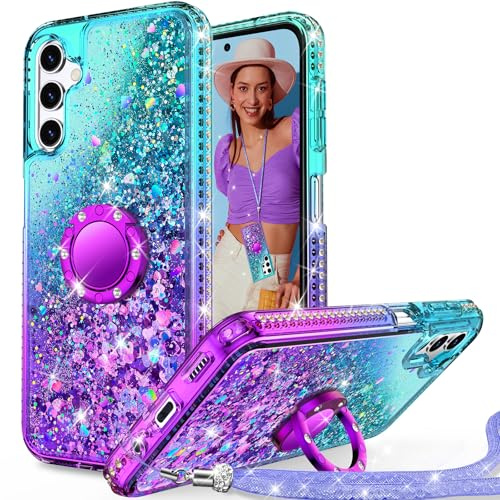 Unlicaku für Samsung Galaxy A54 5G Hülle mit Band, Ring Ständer HandyHülle Handykette Frauen Mädchen Glitzer Silikon Flüssigkeit Schutzhülle für Samsung A54 5G Case, Lila