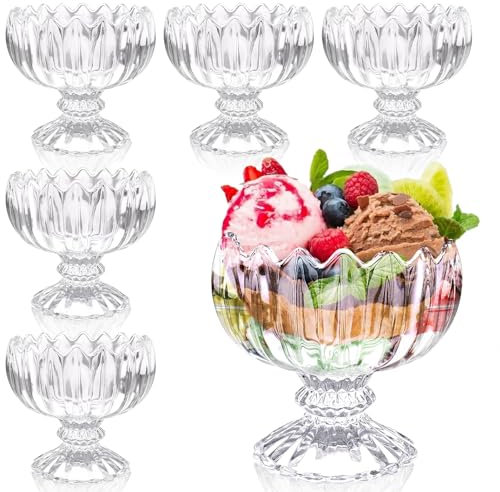 ASMIZ Glass Dessert Cups Set of 6 Footed Ice Cream Bowls, 200 ml Sundae Dishes Trifle Bowl Clear Tulip Dessert Cup for Cocktail, Sundae, Trifle, Salad, Fruit, Snack & Sauce
