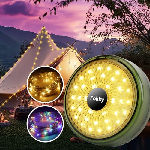 Fokky Camping Lichterkette Aufrollbar, Outdoor Lichterkette Wasserdicht mit Fernsteuerung, Tragbare LED Lichterkette USB Aufladung für Camping, Partys, Wandern Outdoor Außen, Warmes/Farbiges Licht