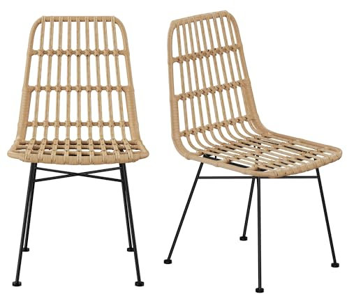 VonHaus Dining Chairs Set of 2 - Rattan Effect Kitchen Chairs with Black Metal Legs - Modern Boho Style for Dining Room & Kitchen with PE Wicker Weave - Richmond