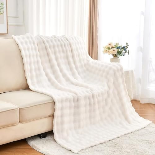 Wajade Couverture Plaid Polaire Super Chaude, Plaid Fausse Fourrure Haute Qualité, Style de Bulle Confortable, Ultra Douce et Duveteuse,white-153cmx203cm