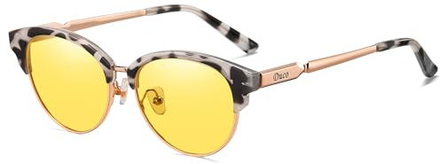 DUCO Runde Polarisierte Nachtsichtbrille Damen Metallrahmen 1221Y | Trendy Nachtfahrbrille für Frauen, Rutschfest, Blendschutz Gelbe Fahrbrille für Autofahren, Neblige, Regnerisch