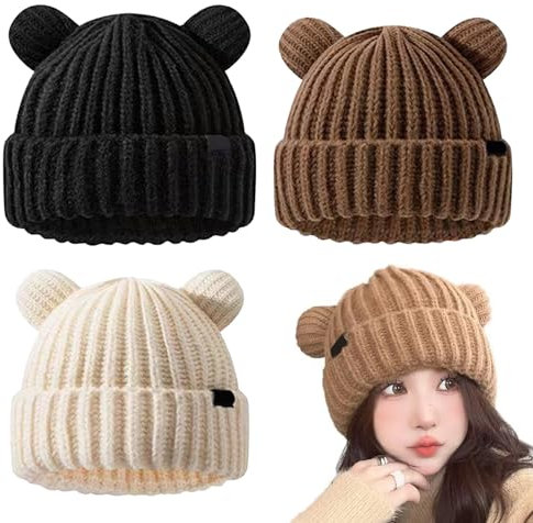 Strickmütze 3 teilig süße Bären Wintermütze Unisex mit Bündchen weiche warme Mützen mit Bärenohren Totenkopfmütze für Damen und Herren zum Skifahren Radfahren Bärenmütze