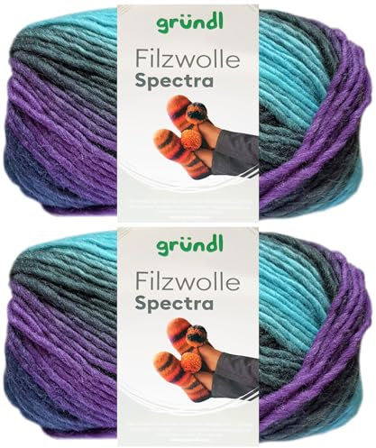 2x100 Gramm Gründl Filzwolle Spectra aus 100% reiner Schurwolle inkl. Anleitung für Filzschuhe (03 Ocean Multicolor)