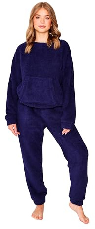 TURTLE Navy Borg Crew Neck with Jogger Set Women Nightwear/Lounge Wear (M = UK 12-14)