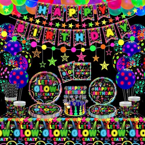 163 Pack Glow Party Supplies Glow Parties Tableware Set Neon Birthday Decorations Including Plates Banner Balloons Napkins Tablecloths Neon in Dark Theme Party Supplies Serves 20