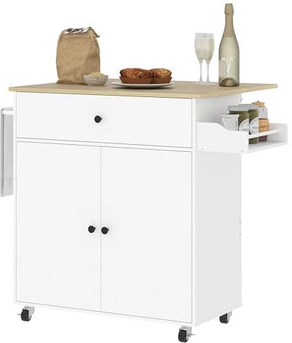 HOMCOM Isla de Cocina con ala Abatible Carrito de Cocina Mueble Auxiliar de Cocina con Ruedas 2 Puertas Cajón Especiero Toallero y Estante Ajustable 106x42x87 cm Blanco y Roble