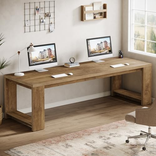 Tribesigns Two Person Desk, 86.6 Inches Extra Long Desk, Double Computer Writing Table, All Wood Large Desks Workstation for Home Office, Natural Wood