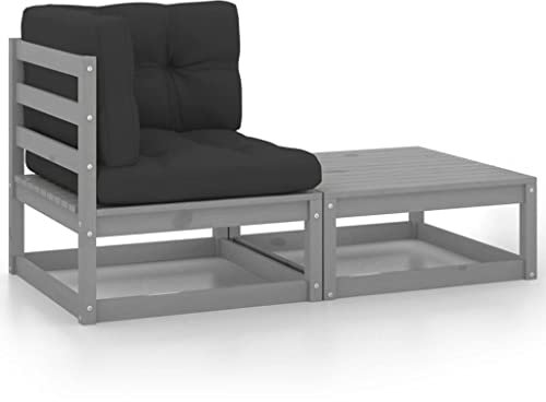 CINDERFUL 2-TLG. Garten-Lounge-Set mit Kissen Grau Kiefer Massivholz,Graue Gartenlounge aus massivem Kiefernholz mit Eckbank und Hocker Gartensitzmöbel